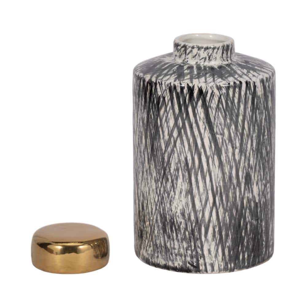 10" Black and White Ceramic Ginger Jar with Gold Lid