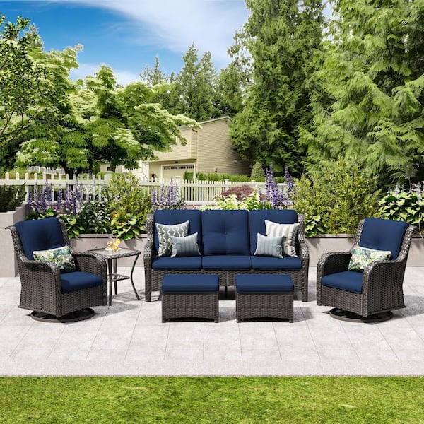 6-Piece Wicker Outdoor Patio Seating Set Sectional Sofa with Swivel Rocking Chair, Ottomans and Blue Cushions