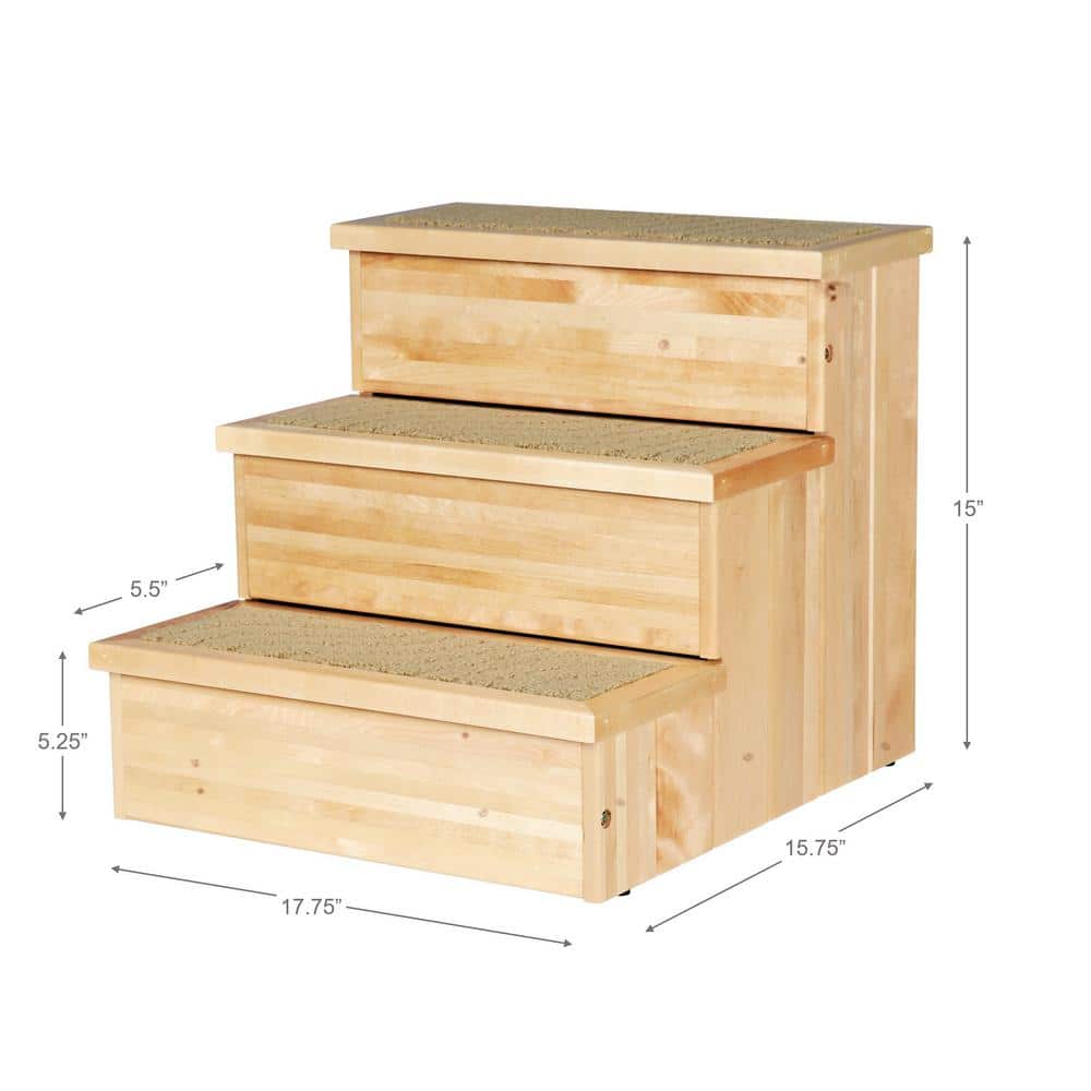 Natural Birch 3-Step Wooden Pet Stairs with Carpeted Steps