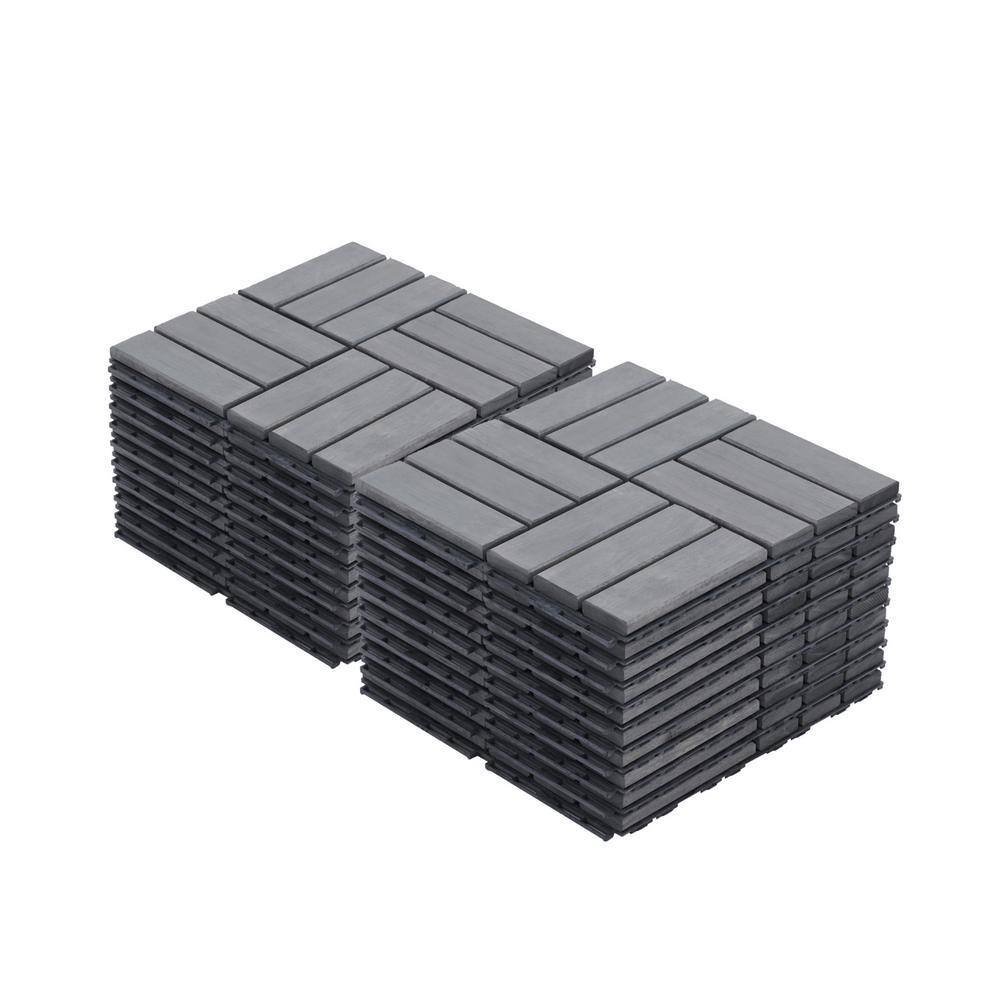 12 in. Gray Square Acacia Hardwood Interlocking Deck Tiles Checker Pattern 