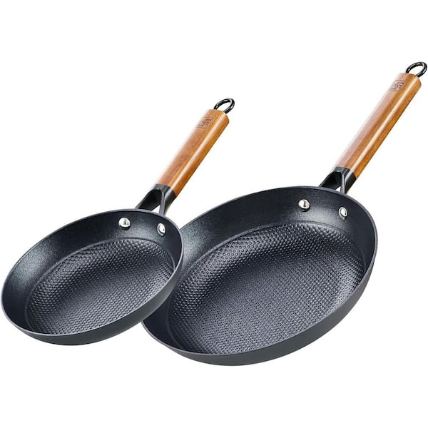 2-Piece Cast Iron Nonstick Frying Pan Set with Detachable Acacia Wooden Handle, 8 and 10 in. Honeycomb Omelet Egg Pan