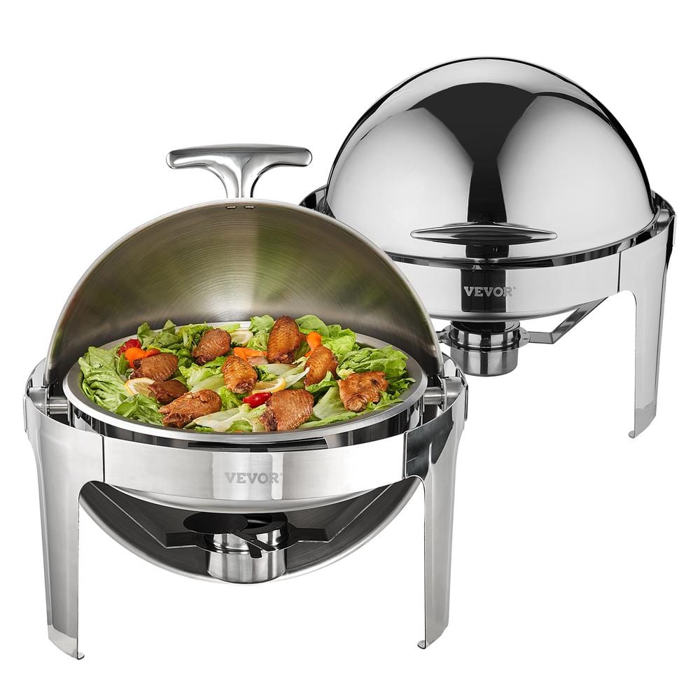VEVOR Roll Top Chafing Dish Buffet Set 6 qt. Stainless Steel Chafer with 2 Full Size Pans Round Chafing Dishes, 2 Pack