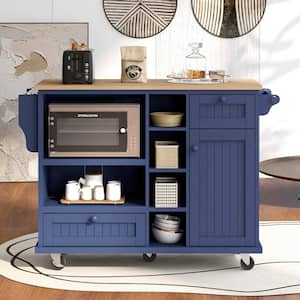 Dark Blue Kitchen Island Cart with Wood Desktop, Microwave Cabinet, Floor Standing Buffet Server Sideboard