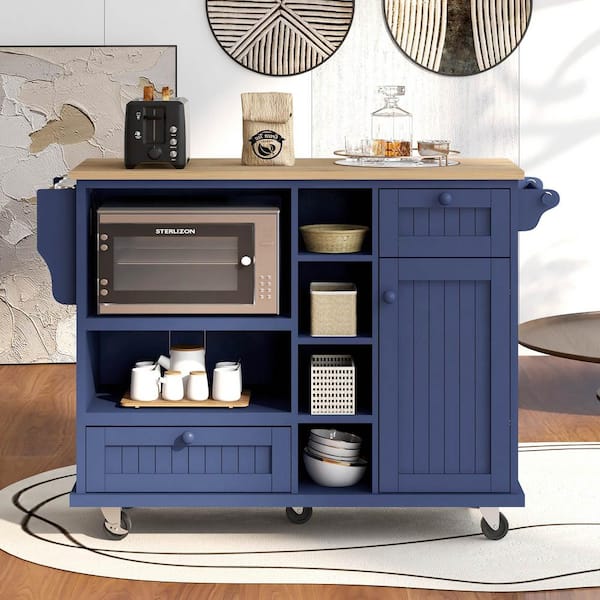 Dark Blue Kitchen Island Cart with Wood Desktop, Microwave Cabinet, Floor Standing Buffet Server Sideboard