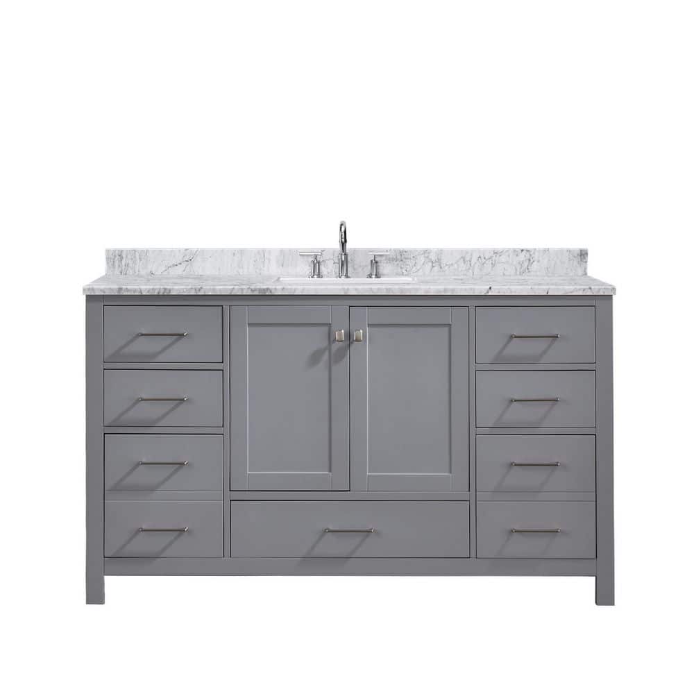 60 in. W x 22 in. D x 38.94 in. H Freestanding Bath Vanity in Gray with White Carrara Marble Vanity Top