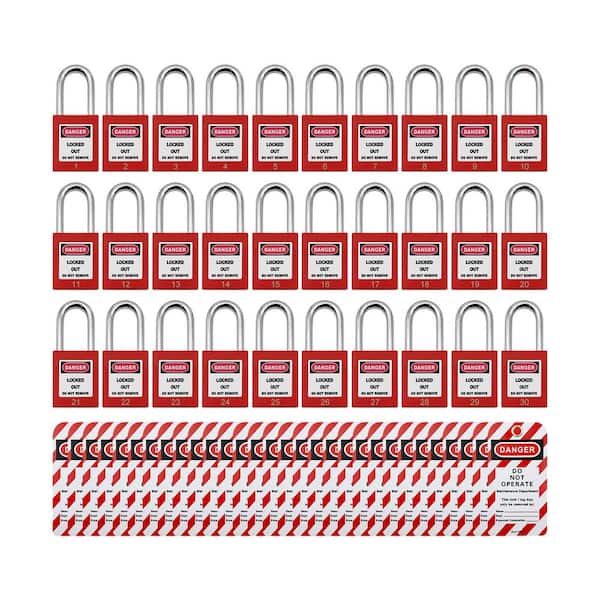 30-Pc Safety Padlock, LOTO Lockout Tagout Locks Keyed Differently, Red Plastic with 30 Tags, 1-1/2 in.