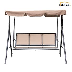 3-Person Metal Flame Textilene Porch Swing in Beige Canopy