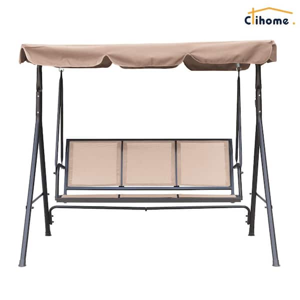 Clihome 3-Person Metal Flame Textilene Porch Swing in Beige Canopy