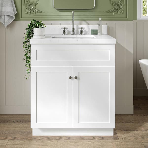 Hamlet 30 in. W x 22 in. D x 36 in. H Single Sink Freestanding Bath Vanity in White with Carrara White Quartz Top