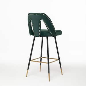 Green Velvet Upholstered Connor 40.8 in. Bar Stool with Nailheads and Gold Tipped Black Metal Legs (Set of 2)