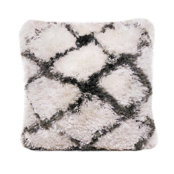 LR Home Cozy White/Black 20 in. x 20 in. Soft Shag Diamond Criss Cross Indoor Throw Pillow