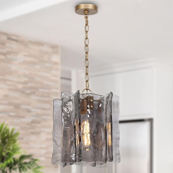 Echonalyri Modern 1-Light Satin Gold Square Pendant Light with Smoky Gray Texture Glass Shade for Kitchen, Dining Room