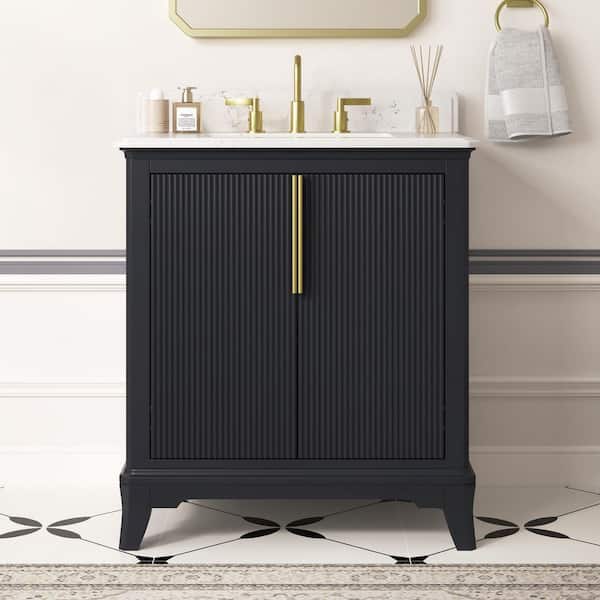 Rothen 31 in. Single Sink Freestanding Black Blue Bath Vanity with White Engineered Stone Top and Backsplash Assembled