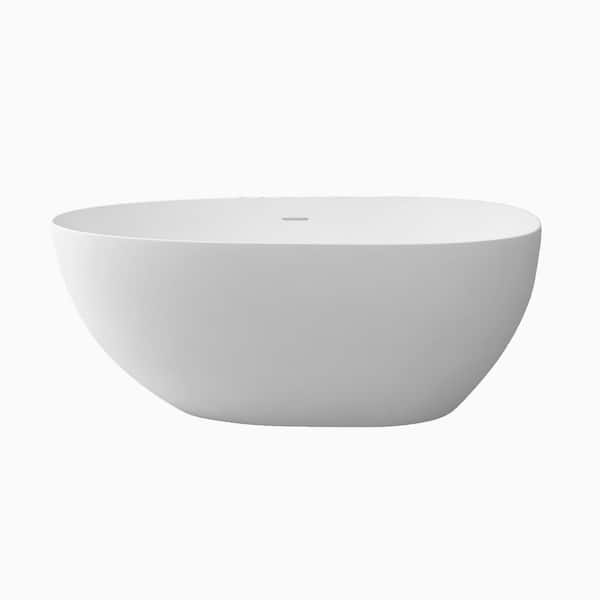 ANGELES HOME 59 in. x 31 in. Stone Resin Solid Surface Freestanding Soaking Bathtub with Center Drain in Matte White