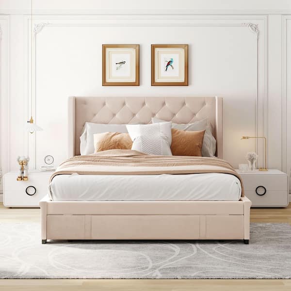 6-Pieces Bedroom Furniture Set, Include Queen Cream Upholstered Platform  Bed with Storage Ottoman,6 Drawers Dresser, Mirror,4 Drawers Chest, 2  Drawers