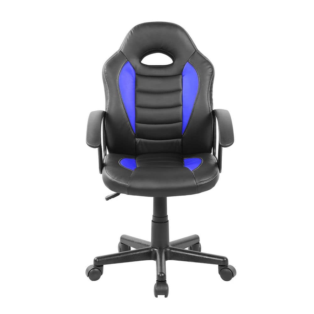 Leather Adjustable Height Swivel Casters Ergonomic Upholstered Racing Chair in Blue with Nonadjustable Arms