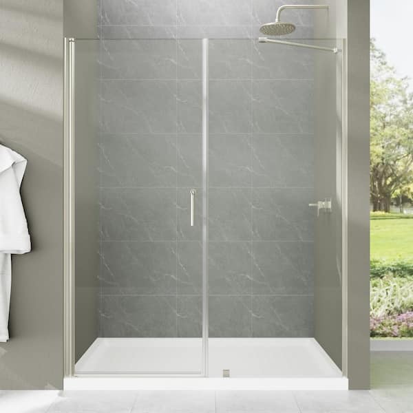 60 to 60.63 in. W x 72 in. H Pivot Semi-Frameless Shower Door in Brushed Gold Finish with Tempered Clear Glass