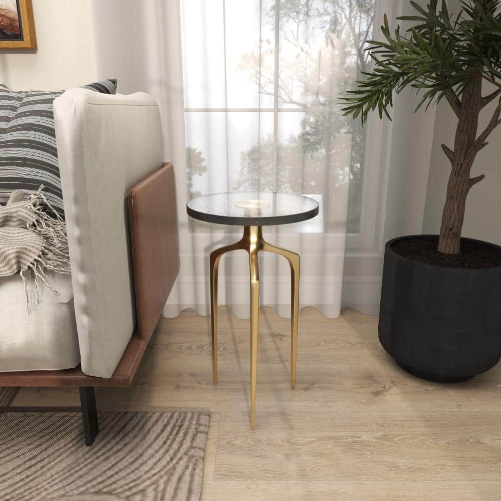 13 in. Gold Large Round Glass End Table with Textured Glass Tabletop