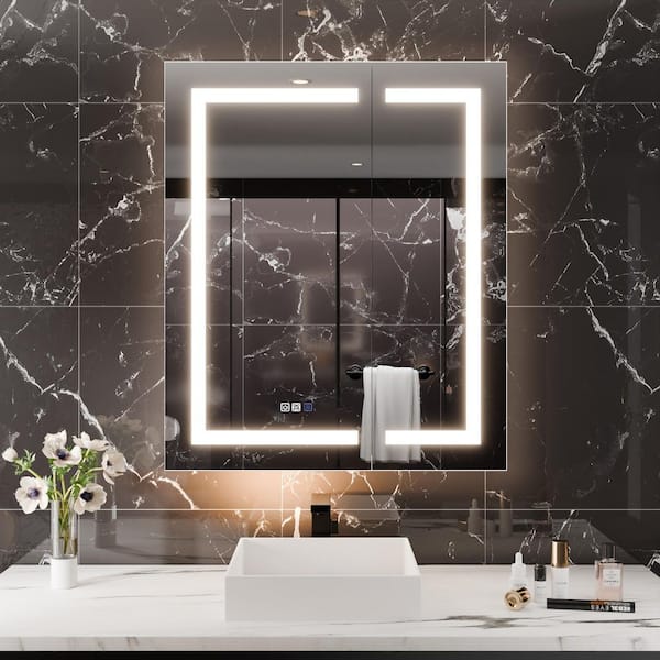 30 in. W x 36 in. H Rectangular Aluminum Recessed/Surface Mount LED Medicine Cabinet with Mirror, 10 x Magnifier, USB