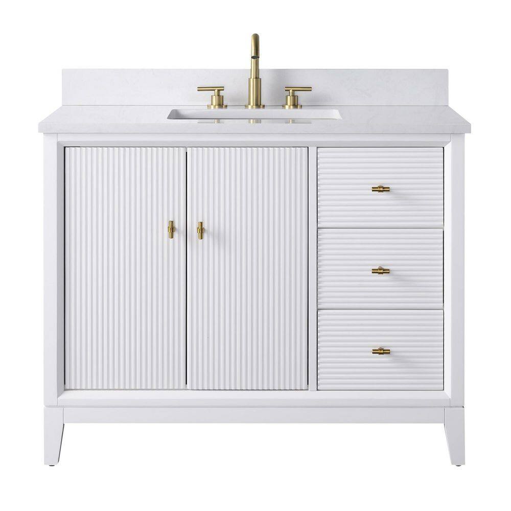 42" White Freestanding Bathroom Vanity with Engineered Marble Top