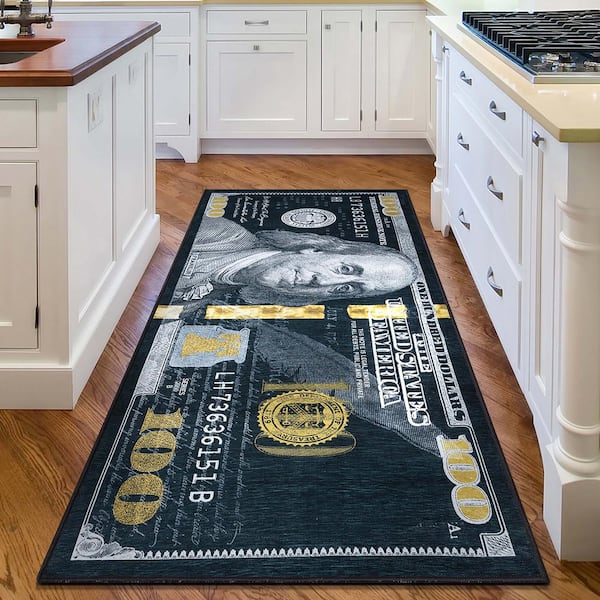 Money Dollar Front Novelty Printed Black Gold 3 ft. 3 in. x 7 ft. 10 in. Runner Area Rug