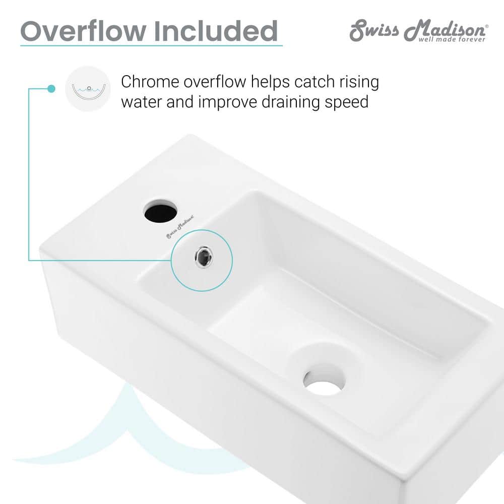 Glossy White Rectangular Ceramic Wall-Mount Sink with Left Faucet