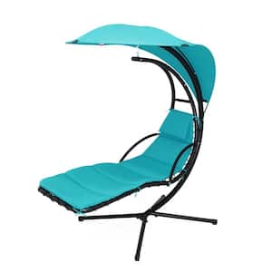 73 in. Steel Outdoor Floating Hanging Curved Chaise Lounge Chair with Teal Cushion and Stand