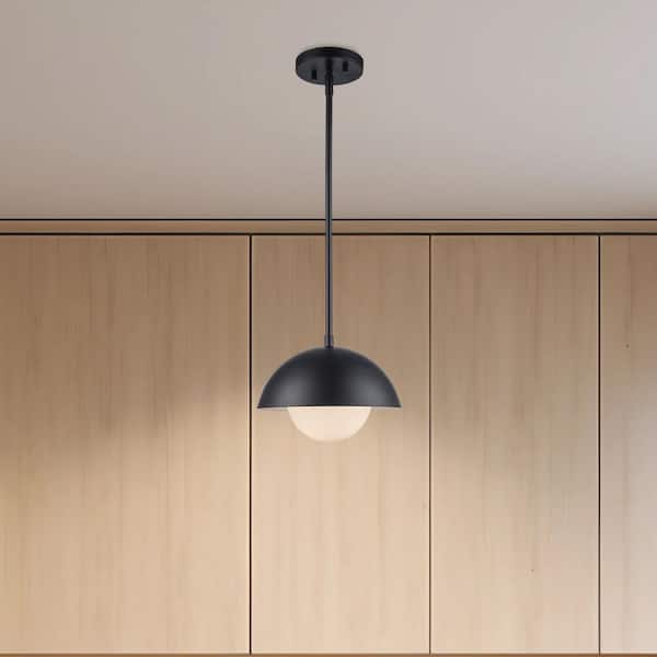 Maureen 10 in. 1-Light Black Pendant Light Fixture with Metal Dome and White Opal Glass Shade