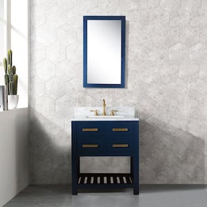 Madalyn 30 in. W Bath Vanity in Monarch Blue with Marble Vanity Top in Carrara White with White Basin(s) and Mirror