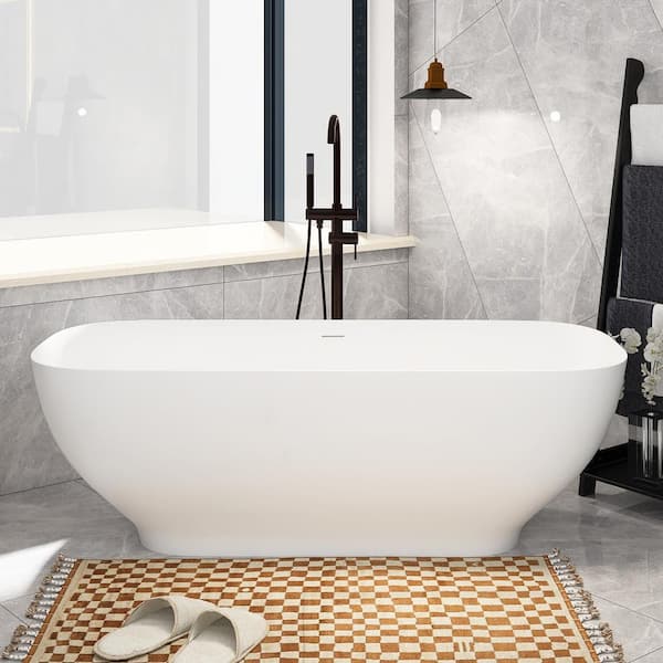 67 in. x 30 in. Stone Resin Freestanding Flatbottom Soaking Bathtub with Center Drain in Matte White