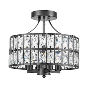 Madeline 12.59 in. 4-Light Round Black Drum Semi Flush Mount Ceiling Light with Clear Crystal Glass Drum Shade