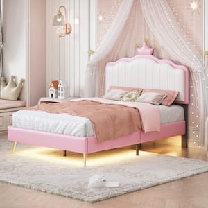 White and Pink Twin Size PU Upholstered Princess Platform Bed with Crown Headboard, Light Strips and Metal Legs
