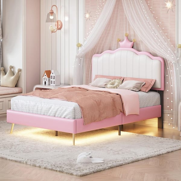Harper & Bright Designs White and Pink Twin Size PU Upholstered Princess Platform Bed with Crown Headboard, Light Strips and Metal Legs