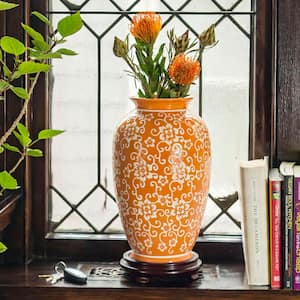 14 in. White Flowers on Orange Tung Chi Decorative Vase