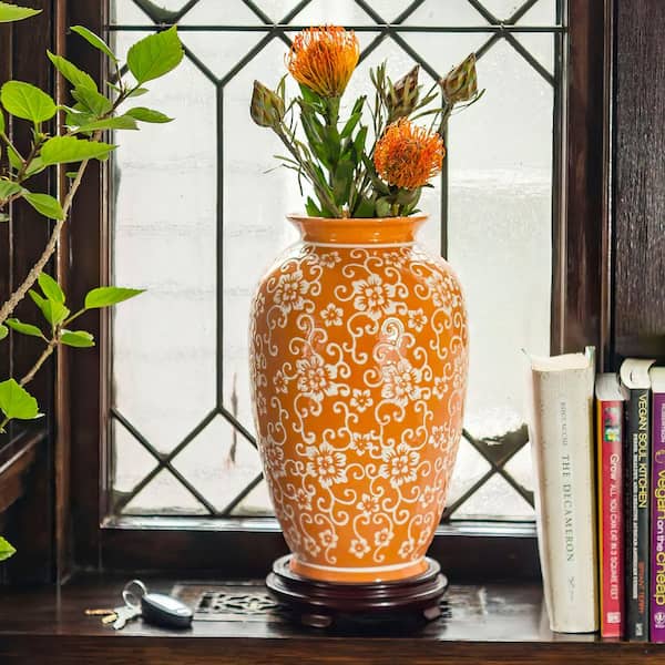 Red Lantern 14 in. White Flowers on Orange Tung Chi Decorative