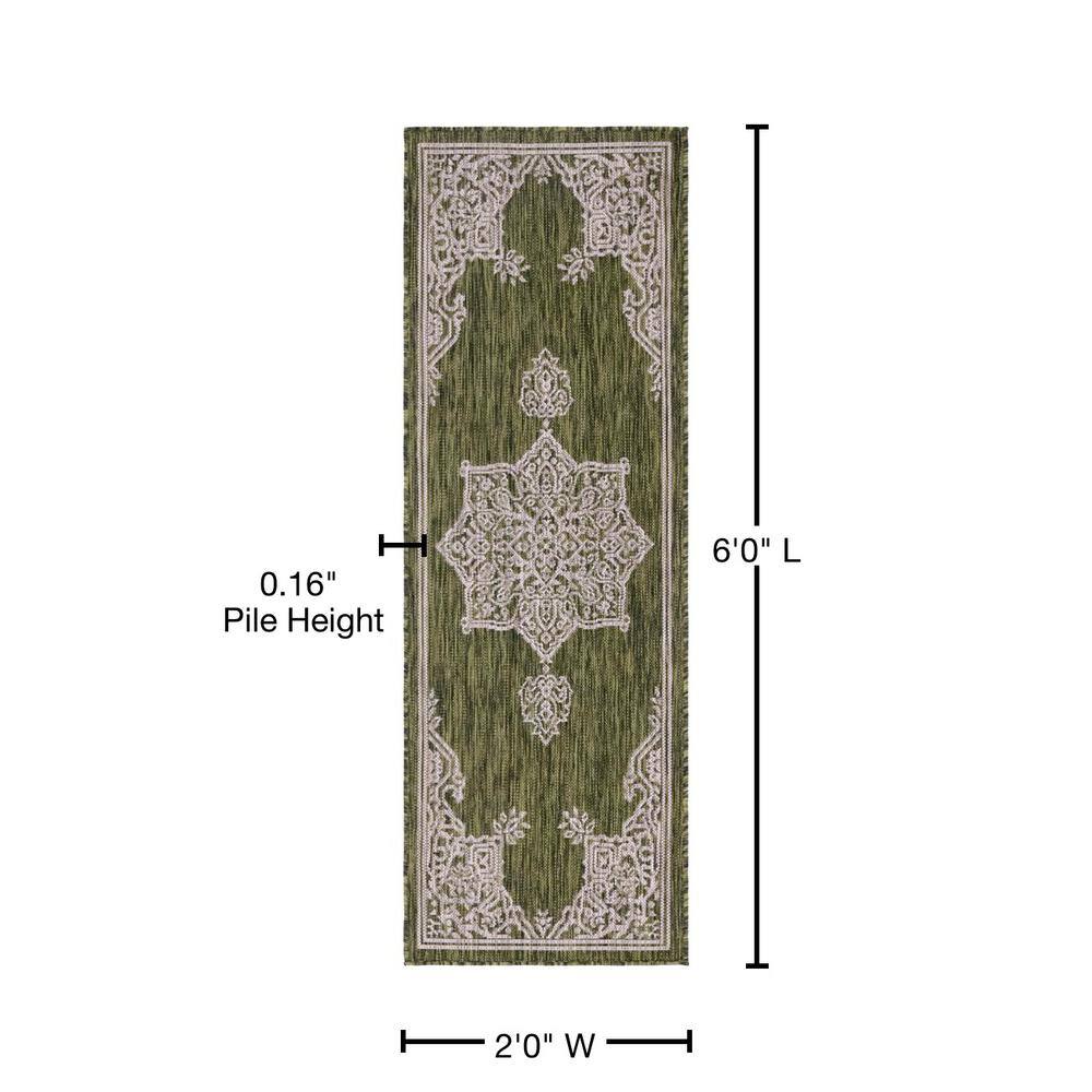 Green and Gray Synthetic Flat Woven Outdoor Runner Rug