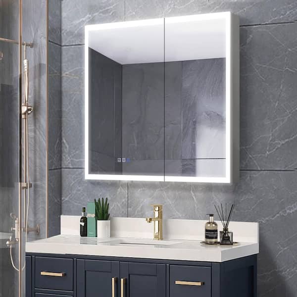 30 in. W x 30 in. H Rectangular Silver Aluminum Recessed/Surface Mount Lighted Medicine Cabinet with Mirror And Dimming