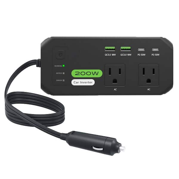 EcoBright Series 200W Continuous Power Inverter with 30W USB-C and 18W USB-QC 3.0 for Laptop, Phone, Tablet