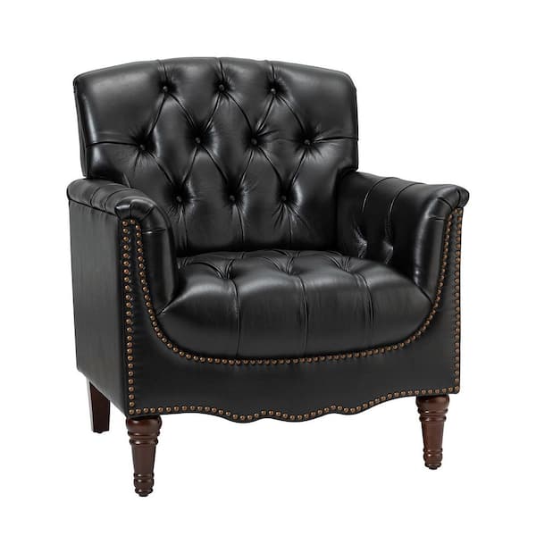 JAYDEN CREATION Elijah Traditional Black Genuine Leather Button-tufted Armchair with Luxury Style and Solid Wood Legs
