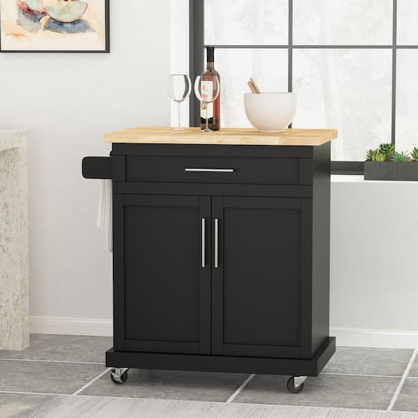 FAMYYT Compact Black Wood Tabletop 32 in. Kitchen Island with Doors and Drawer