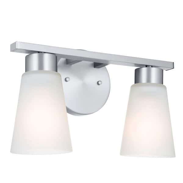Stamos 13 in. 2-Light Brushed Nickel Modern Bathroom Vanity Light with Satin Etched Glass Shades