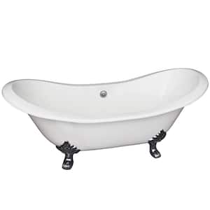 Macon 61 in. Cast Iron Double Slipper Clawfoot Non-Whirlpool Bathtub in White with Faucet Holes and Polished Nickel Feet