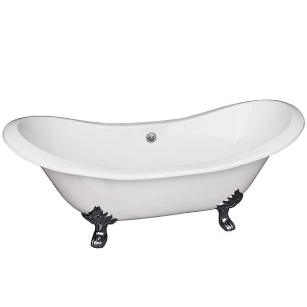 Barclay Products Macon 61 in. Cast Iron Double Slipper Clawfoot Non-Whirlpool Bathtub in White with Faucet Holes and Polished Nickel Feet