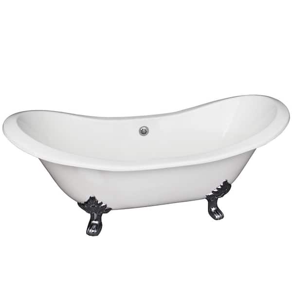 Barclay Products Macon 61 in. Cast Iron Double Slipper Clawfoot Non-Whirlpool Bathtub in White with No Holes and White Feet