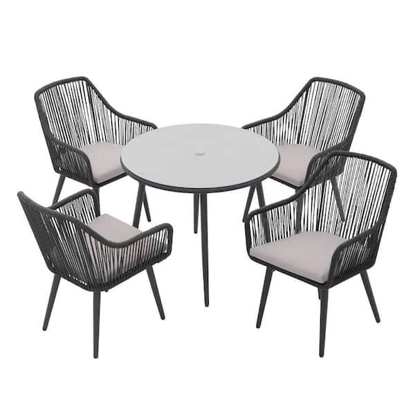 Freestyle 5-Piece Wicker Black Outdoor Dining Chair Set with Dining Table, Light Grey Cushions