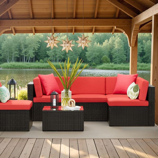 6-Pieces Wicker Patio Conversation Set Outdoor Rattan Sofa with Glass Coffee Table and Red Cushions