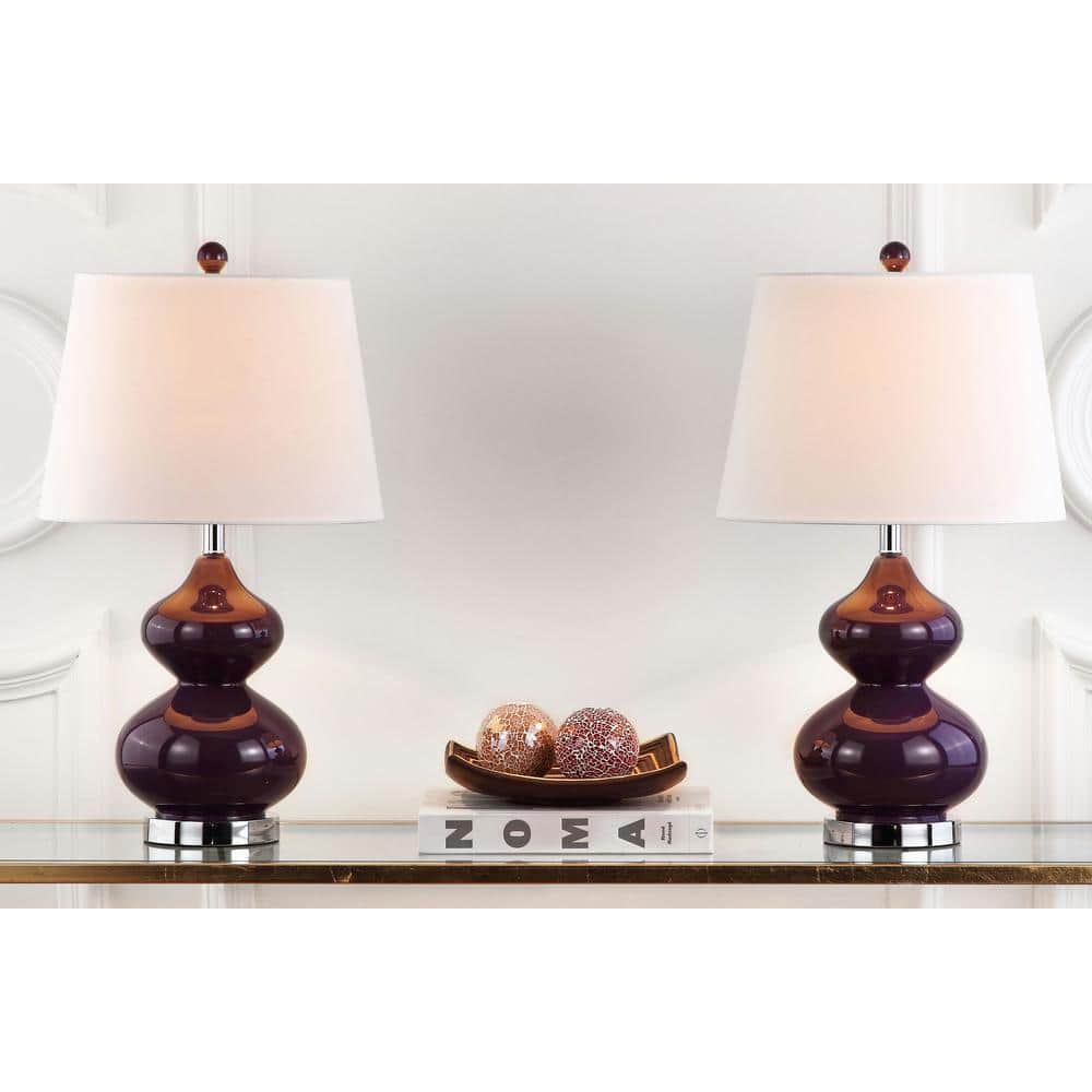 Eva Double Gourd Dark Purple Glass Table Lamp Set with Silver Accents
