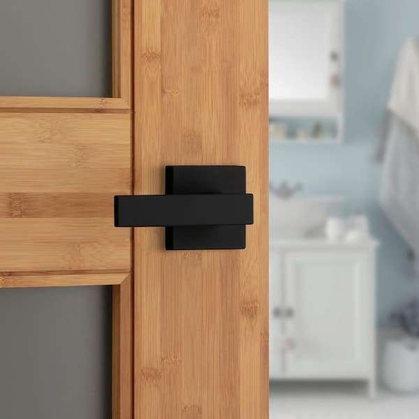 Kwikset Singapore Square Matte Black Bed/Bath Door Handle with Microban and Lock (4-Pack)