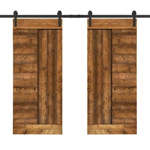 60 in. x 84 in. Walnut Stained DIY Knotty Pine Wood Interior Double Sliding Barn Door with Hardware Kit