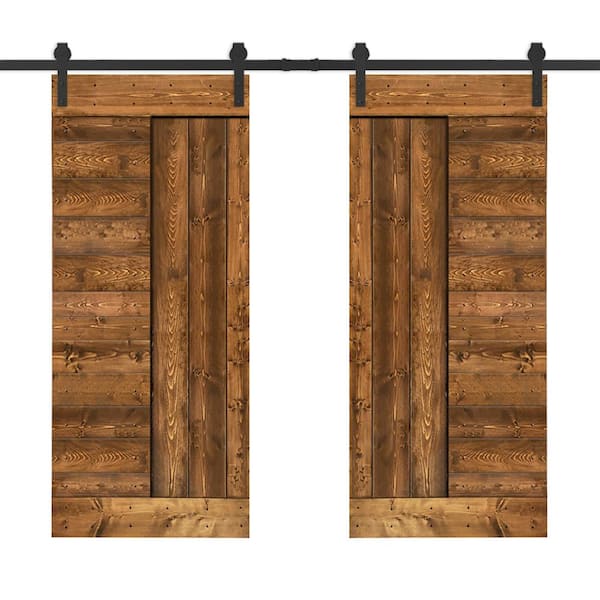 CALHOME 72 in. x 84 in. Walnut Stained DIY Knotty Pine Wood Interior Double Sliding Barn Door with Hardware Kit